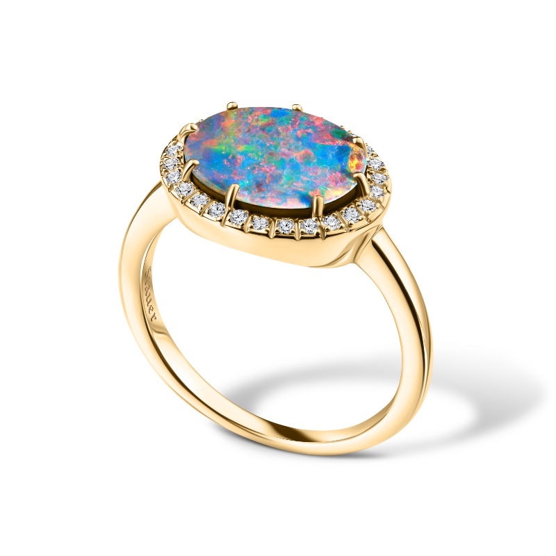 14k Yellow Gold Opal Doublet and Diamond Ring